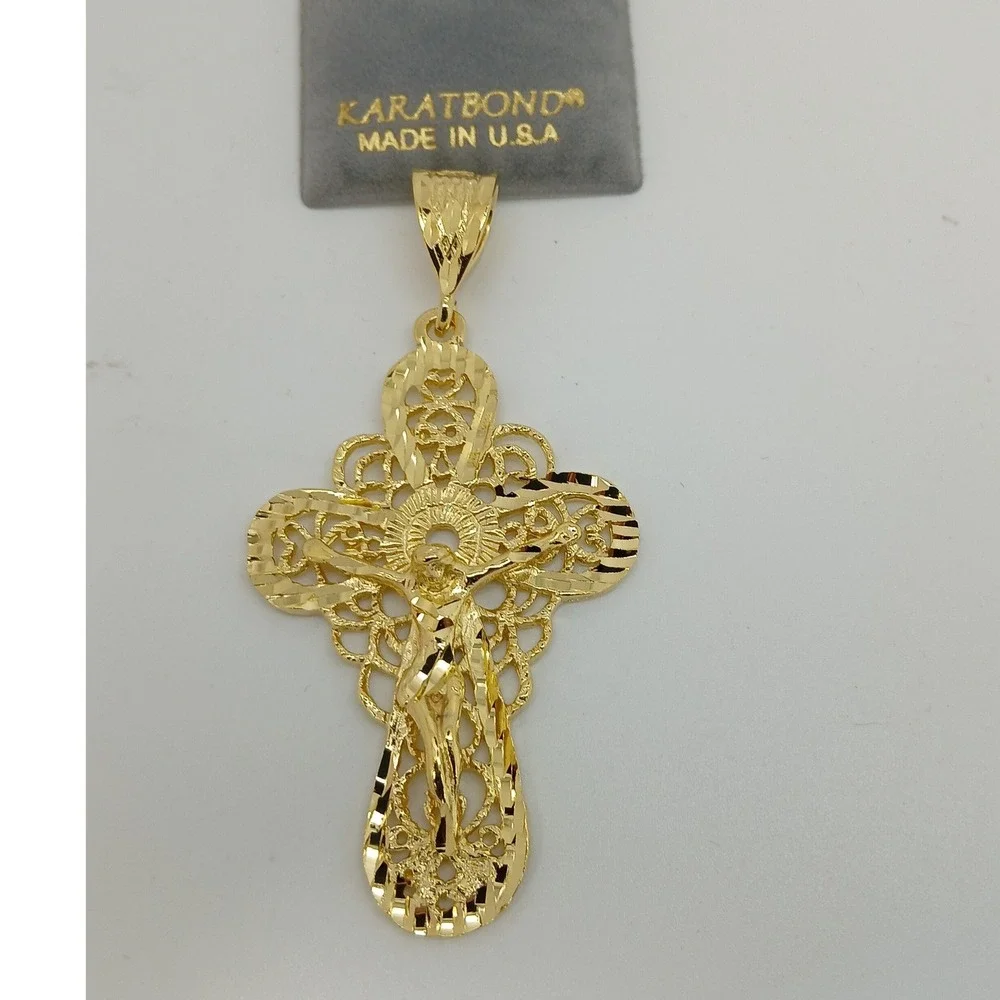 Karatbond Vintage Y2K Gold Filigree Large Crucifix Cross Pendant Made in USA NOS
